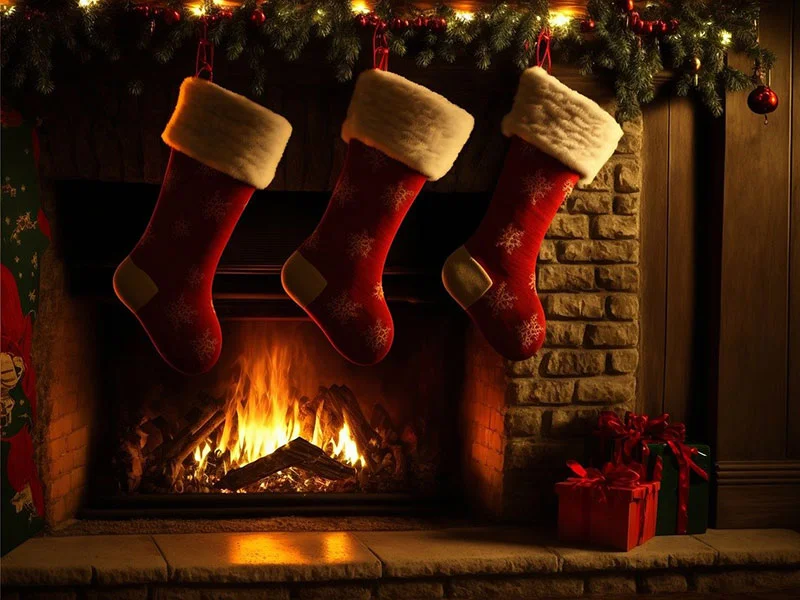 Christmas stockings hanging over a burning fireplace