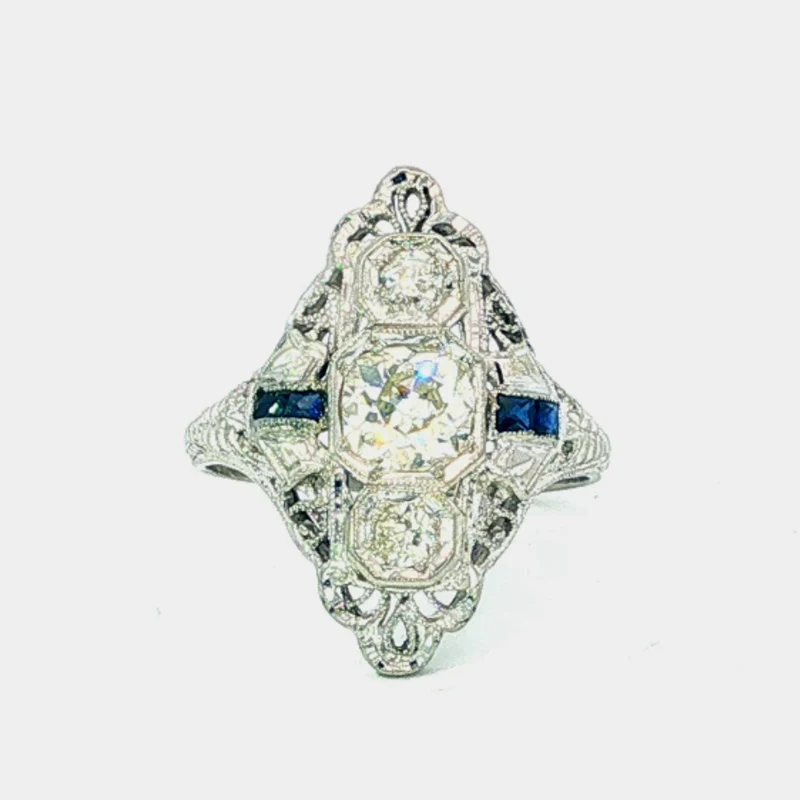 18K Edwardian ring with Old Mine Cut diamonds and blue sapphire accents
